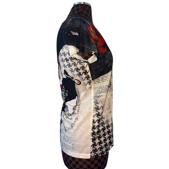 Vtg Y2K Cache AOP Graphic Tee Woman in Hat Size Medium Rhinestone Embellished - Picture 3 of 10